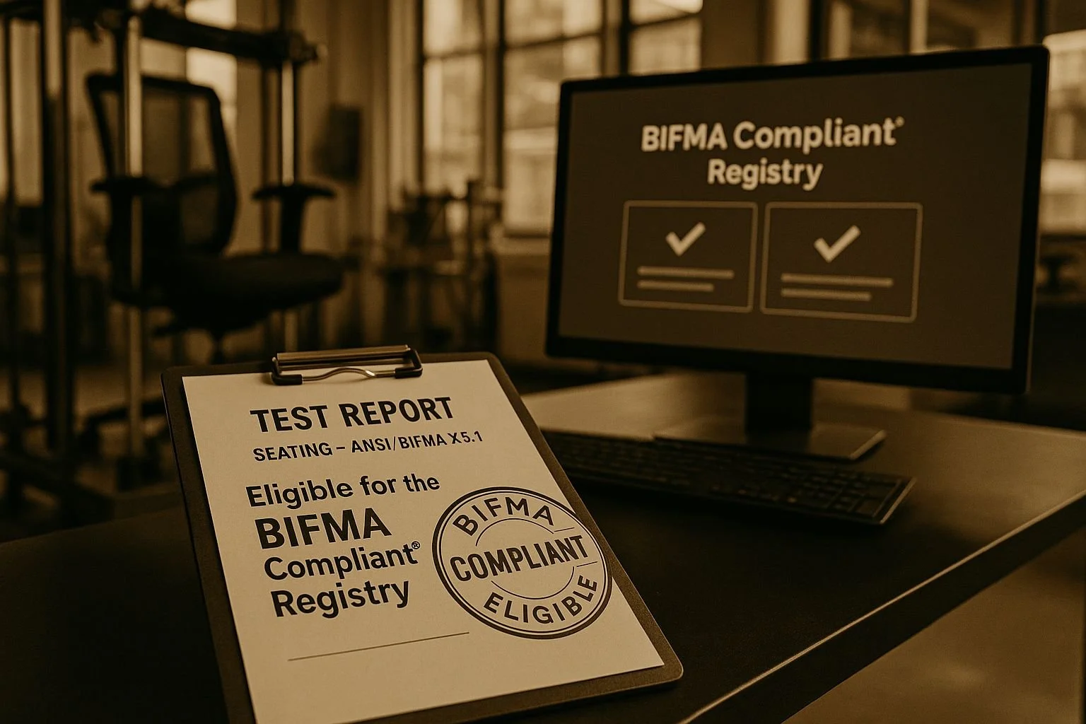 Test report and computer monitor showing BIFMA compliant registry, in an office setting.