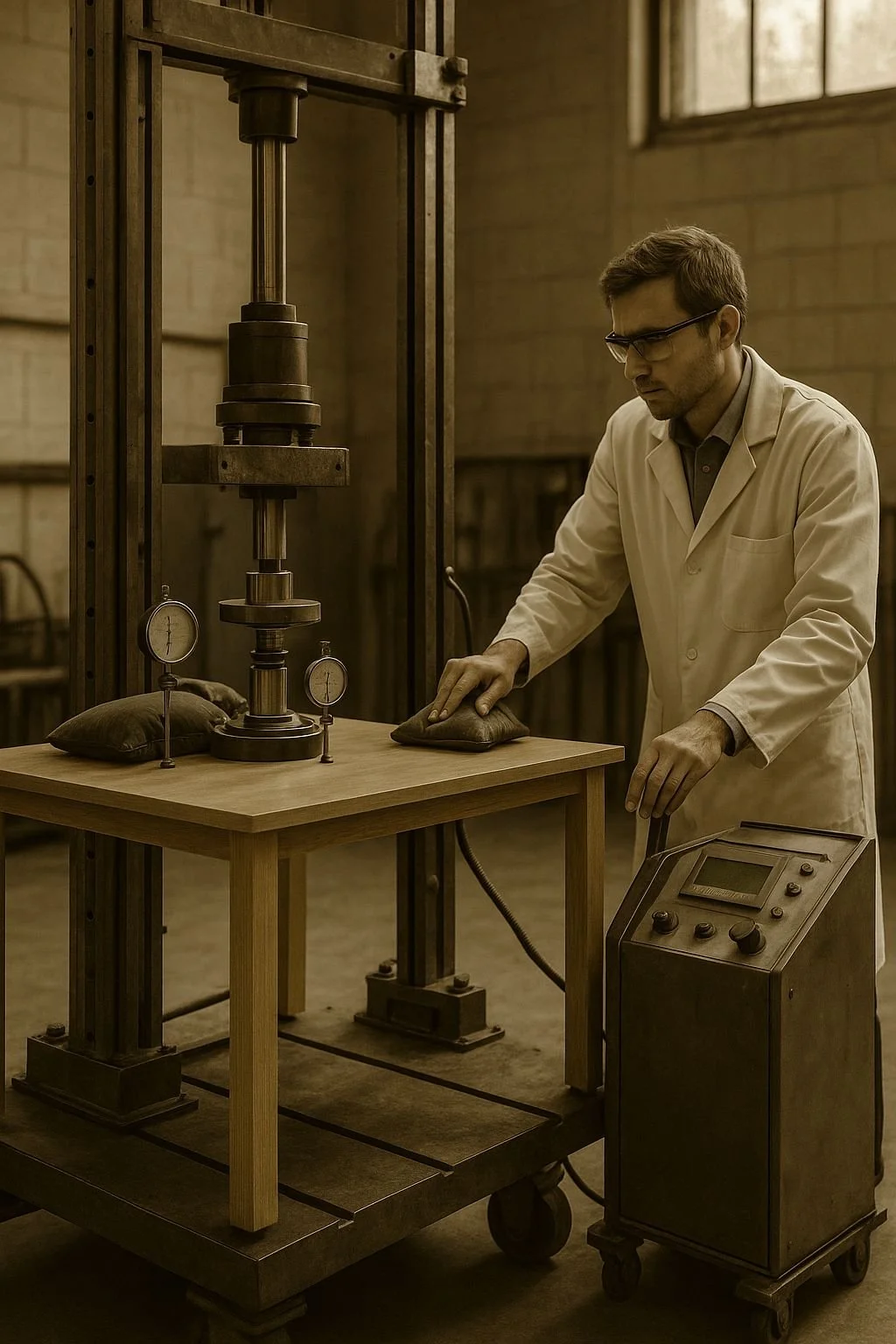 A scientist in a lab wearing safety glasses and a lab coat, using a large mechanical testing machine to apply pressure to a padded sample, with pressure gauges visible on the table.