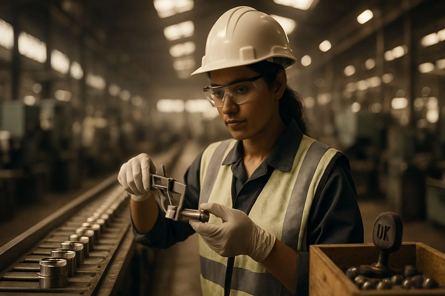 A female worker in a factory inspecting metal parts on a conveyor belt, wearing a white safety helmet, glasses, gloves, and a safety vest.