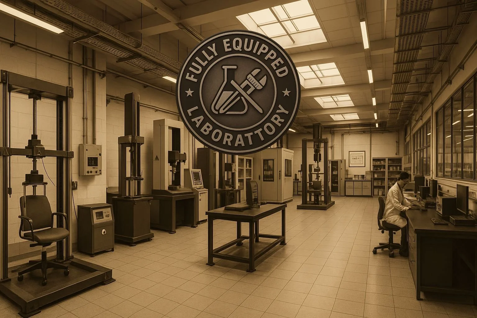 Laboratory with scientific equipment and a technician working at a desk.