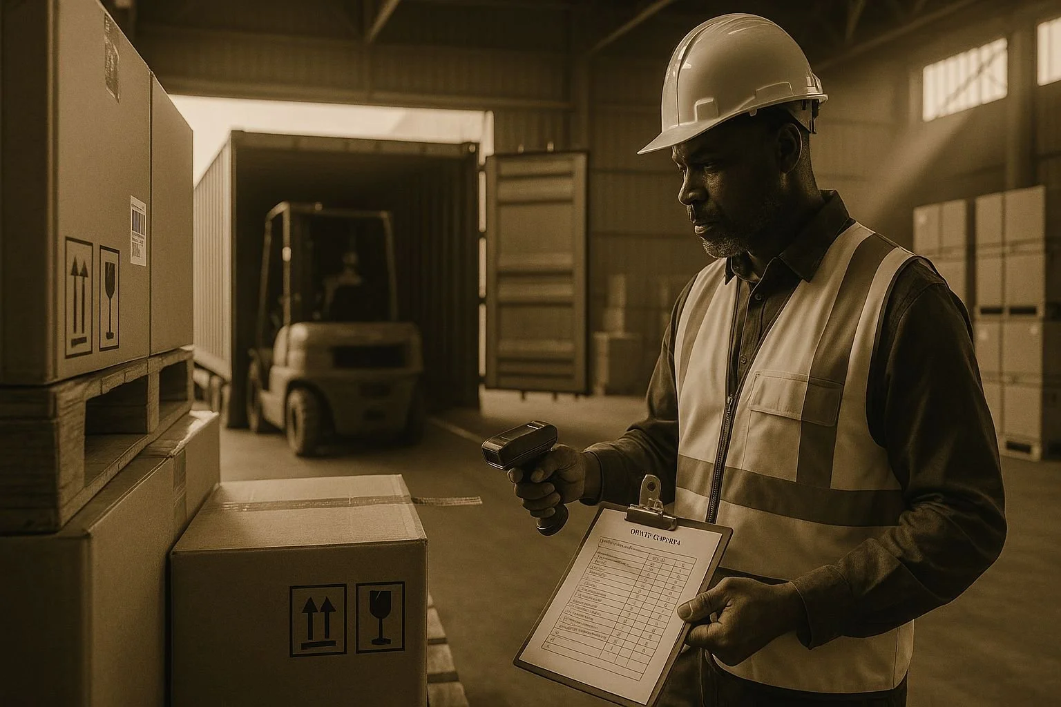 A worker in a warehouse wearing a safety helmet and vest, inspecting boxes with a handheld barcode scanner and a clipboard, with warehouse boxes and a forklift in the background.