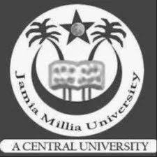 The logo of Jami'a Millia University features a shield with a smiley face, a star with a five-pointed star above it, and two palm trees behind the star. The university name is written around the shield.