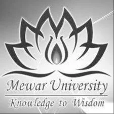 Logo of Mewar University featuring a stylized lotus flower and a flame, with the motto 'Knowledge to Wisdom'.