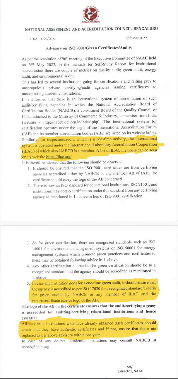 Official letter from the National Assessment and Accreditation Council in Bengaluru dated 26th May 2022. It discusses accreditation standards, international systems, and certification guidelines for educational institutions and agencies, including details about ISO standards, green audits, and the role of ILAC and NABCB.
