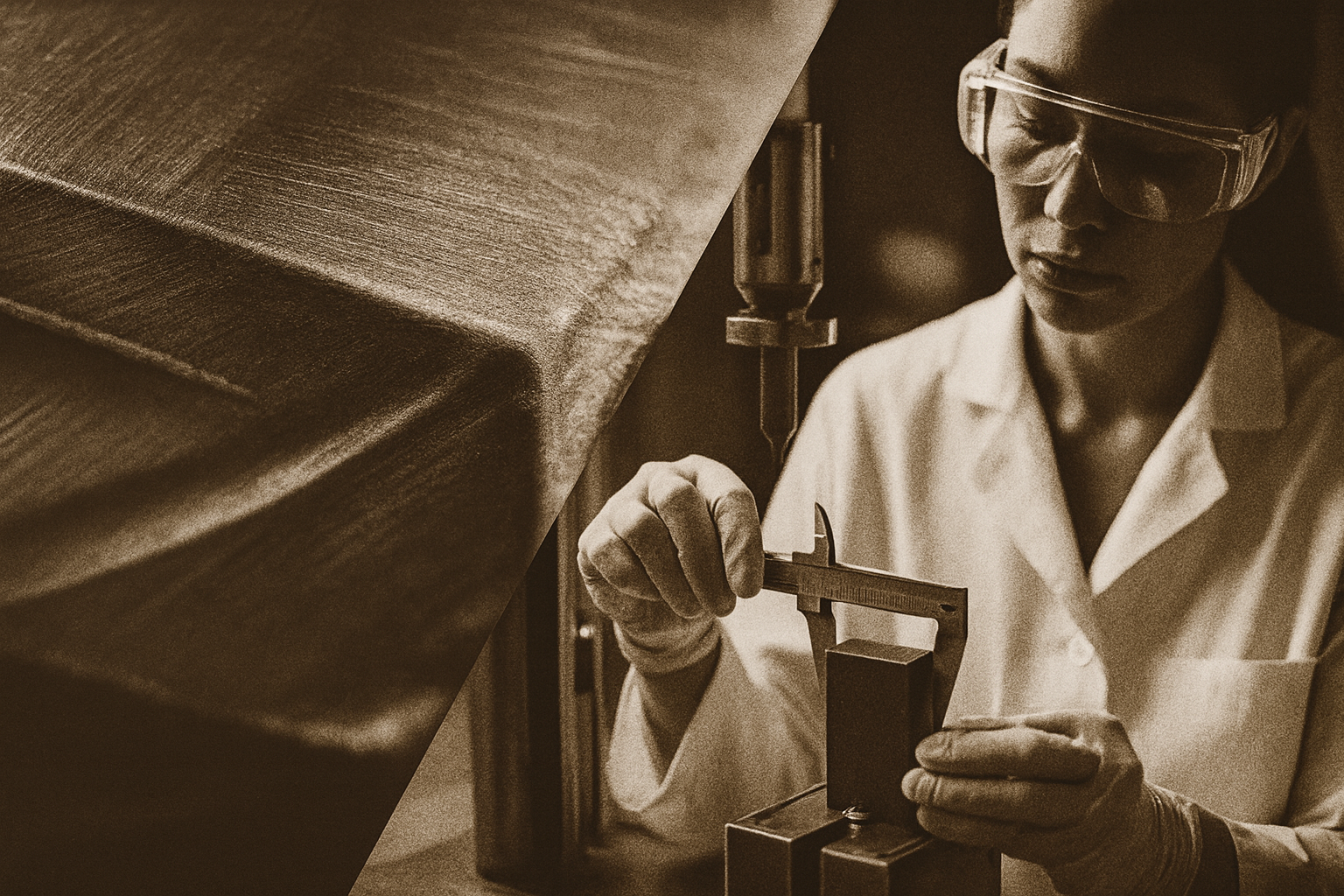 A woman in safety glasses and gloves uses a caliper to measure a piece of wood in a workshop.