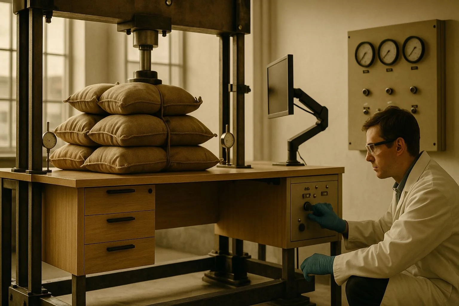 A scientist in a white lab coat and glasses operating equipment in a laboratory. There are four stacked sacks on a large metal and wooden machine, with dials and gauges attached.