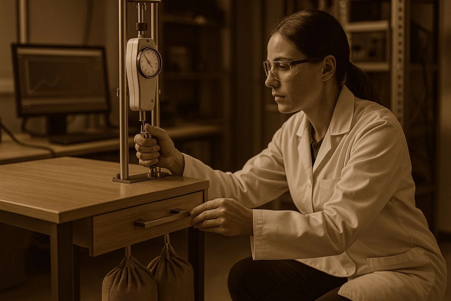 A woman in a white lab coat and glasses adjusts a vertical scale or measuring device on a wooden table in a laboratory setting.