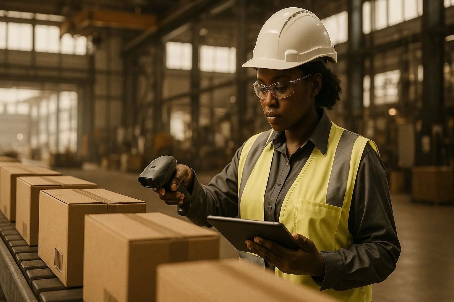 A female warehouse worker in a safety vest and hard hat using a barcode scanner and a tablet to check boxes on a conveyor belt inside a large industrial warehouse.