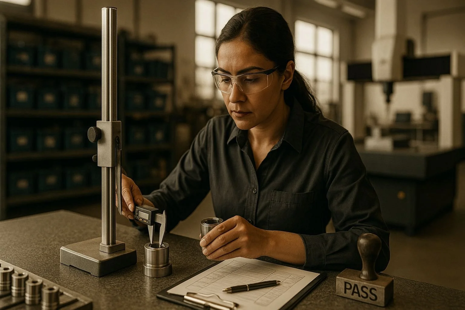 A woman in safety glasses and a black shirt working with scientific equipment at a workbench, measuring an object with precise tools in a laboratory setting.