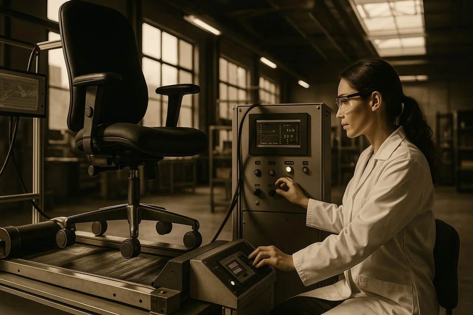A woman in a lab coat and safety glasses operating scientific equipment in a laboratory.