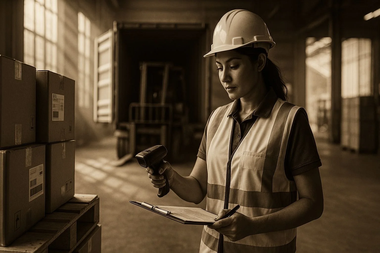 A woman in a hard hat and safety vest standing in a warehouse, holding a barcode scanner and clipboard, inspecting boxes.