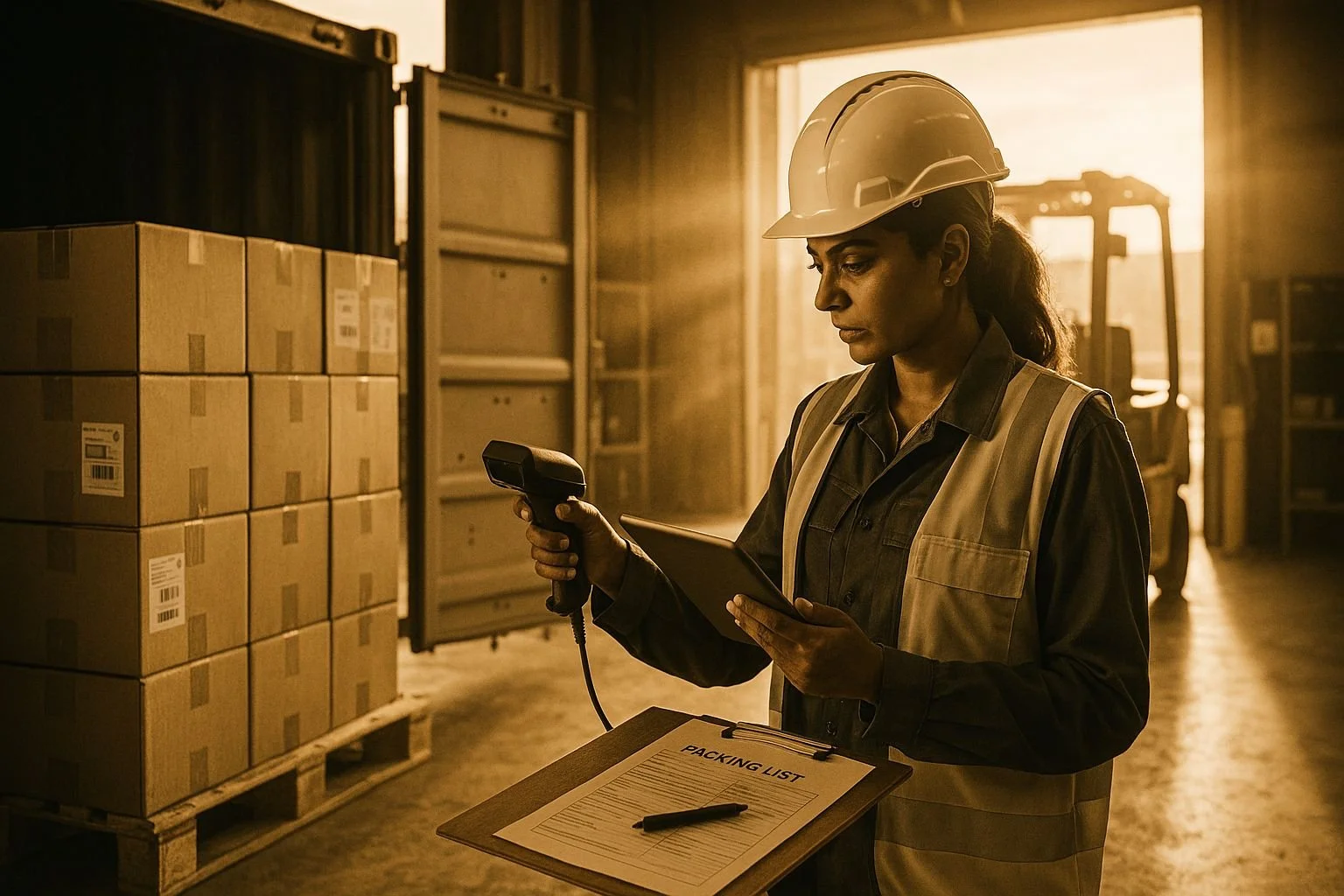A woman wearing a hard hat and safety vest in a warehouse, scanning a barcode with a handheld scanner, holding a clipboard with a packing list, and surrounded by stacked boxes.