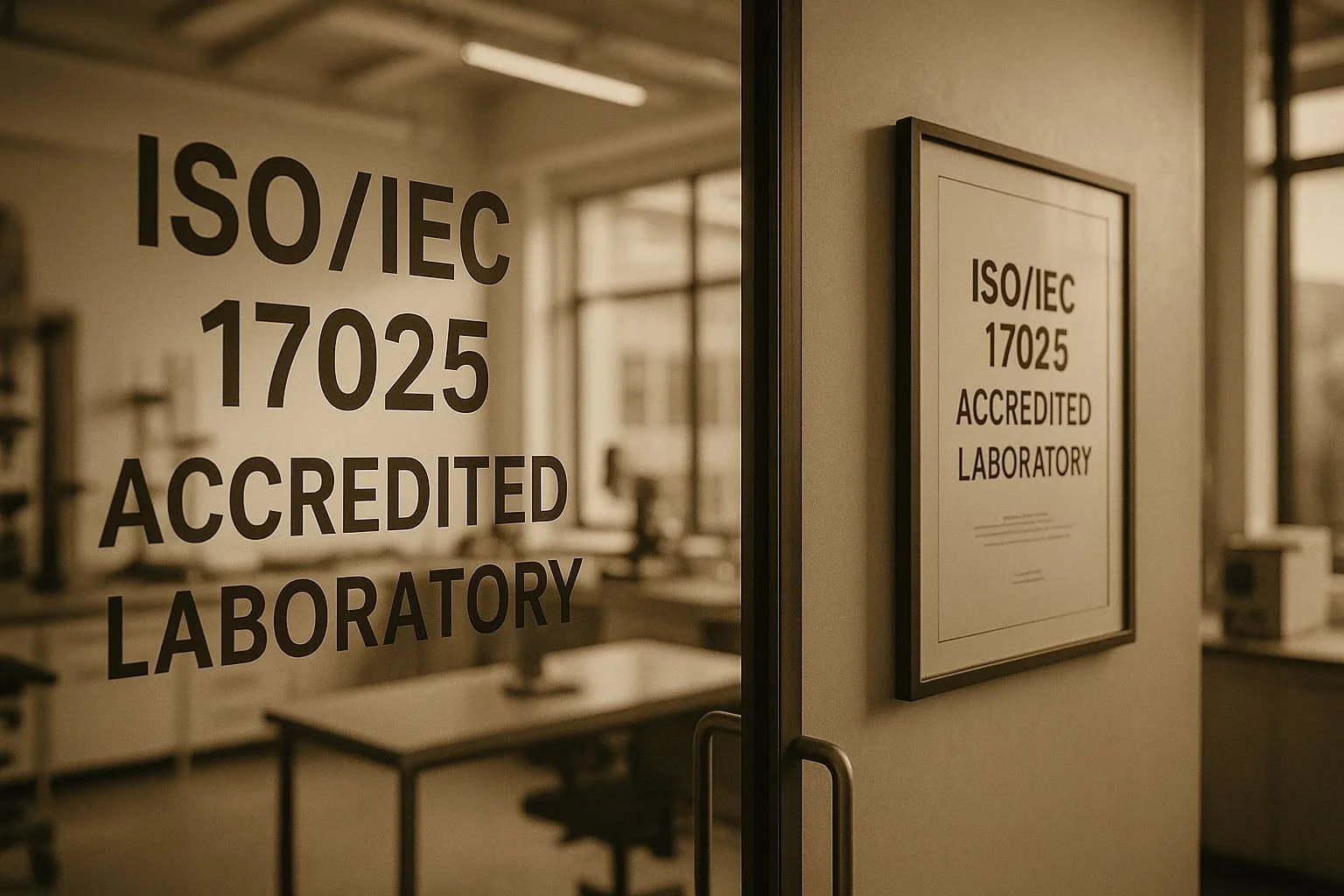 Glass door with sign reading 'ISO/IEC 17025 Accredited Laboratory'; interior lab with work tables and equipment visible in background.