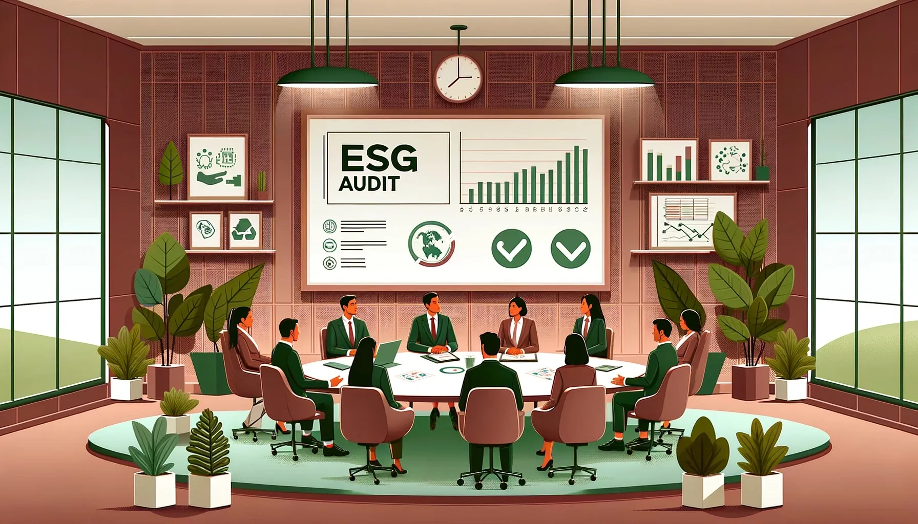 A business meeting in a conference room discussing ESG audit, with a large presentation screen showing graphs, checkmarks, and icons related to environmental, social, and governance topics, surrounded by potted plants and large windows.