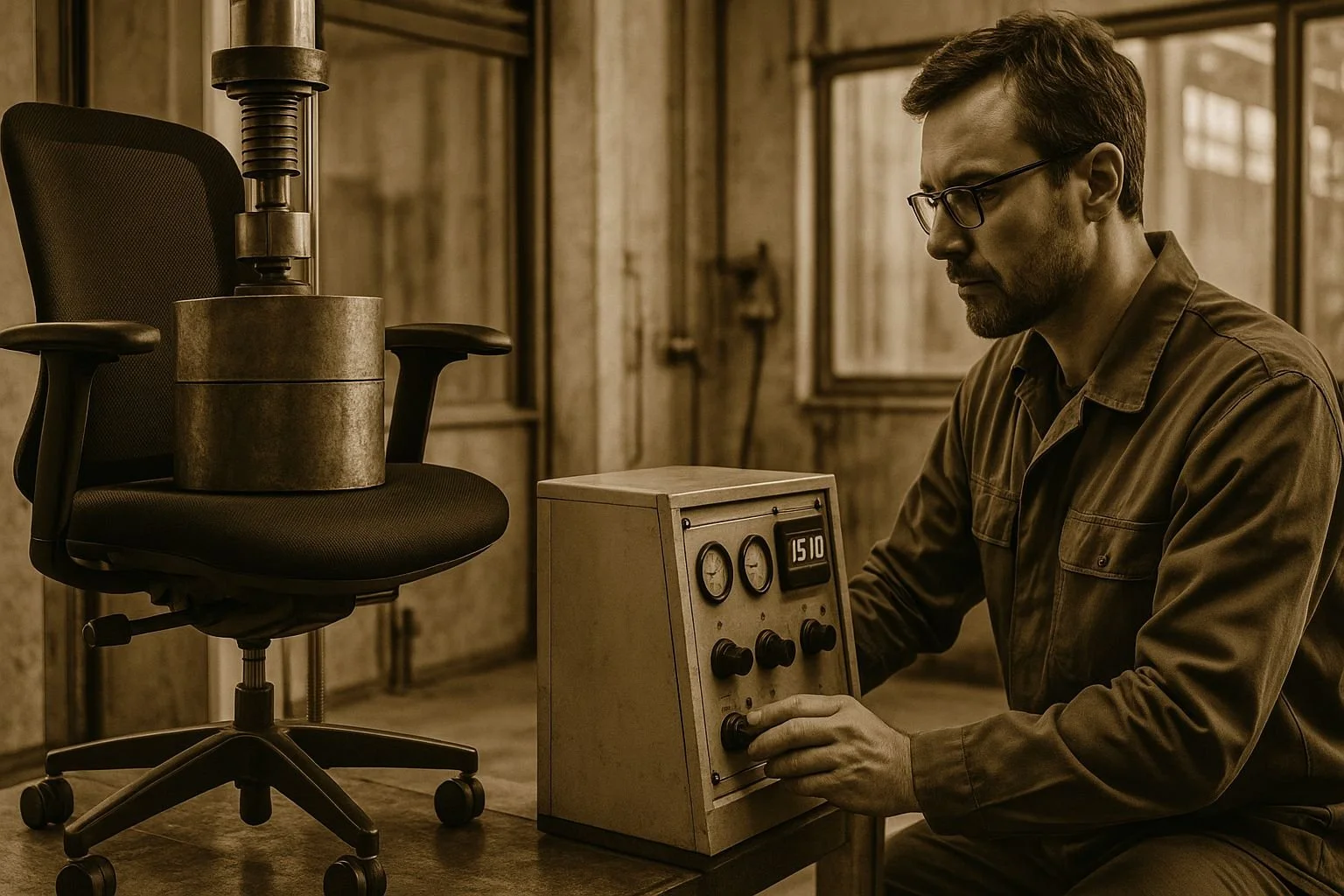 A man in glasses and a brown shirt sitting at a table, operating a vintage control panel with dials and a digital display, in an industrial-style room with large windows and metal furniture.
