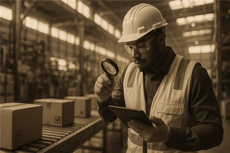 A man wearing safety glasses, a hard hat, and a safety vest inspects boxes on a conveyor belt in a warehouse, holding a magnifying glass and a tablet.