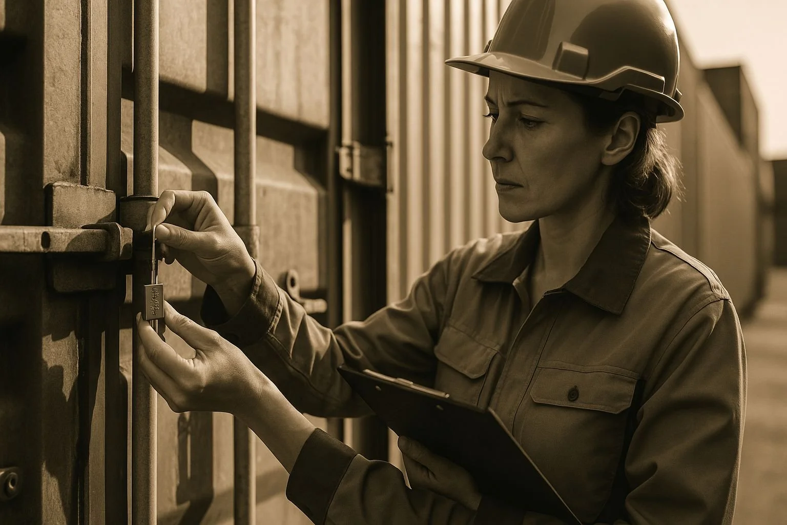 A woman wearing a safety helmet and work shirt is using a clipboard and a lock on a secured industrial gate.