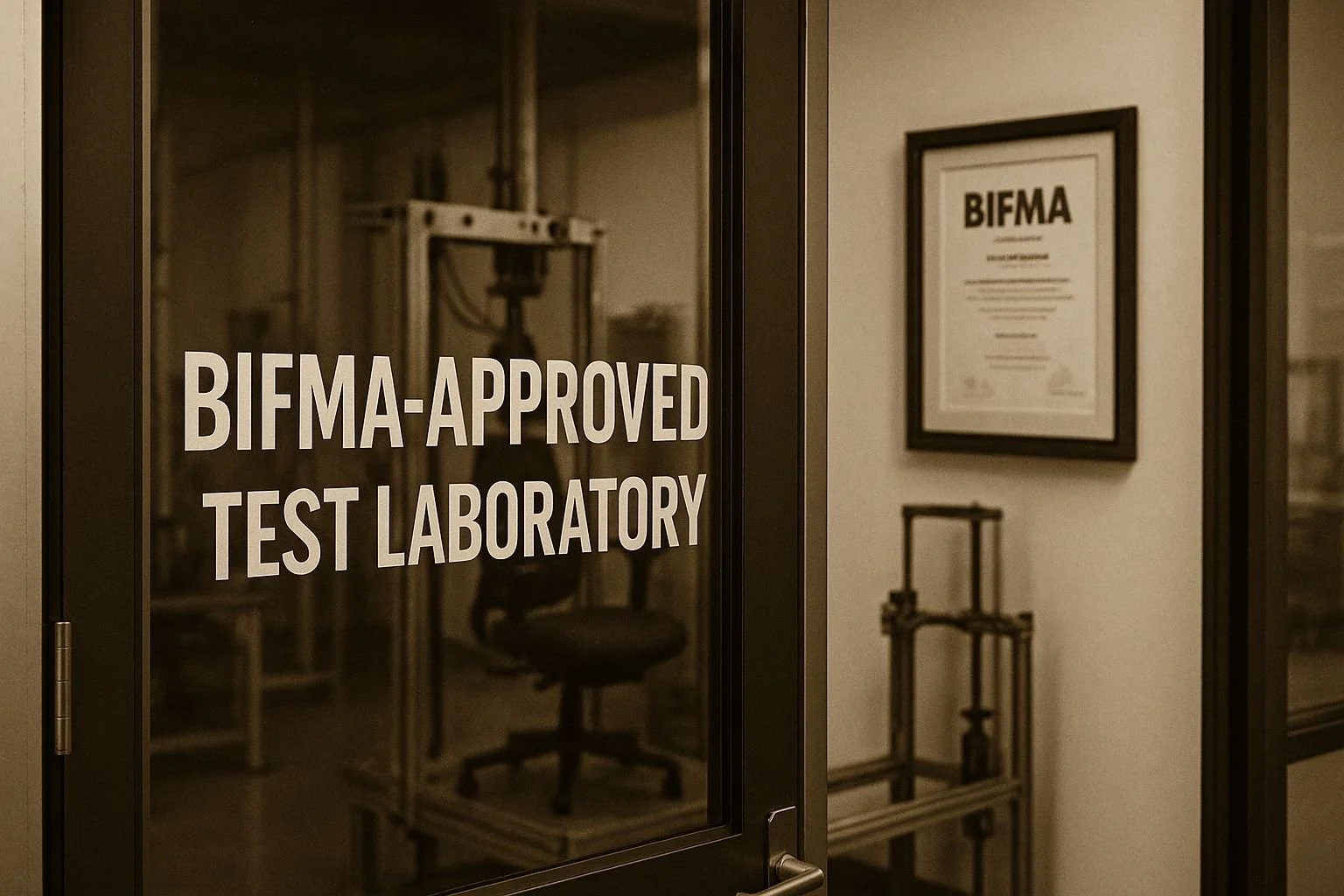 Glass door with text 'BIFMA-Approved Test Laboratory' leading into a room with test equipment and a framed certificate on the wall.