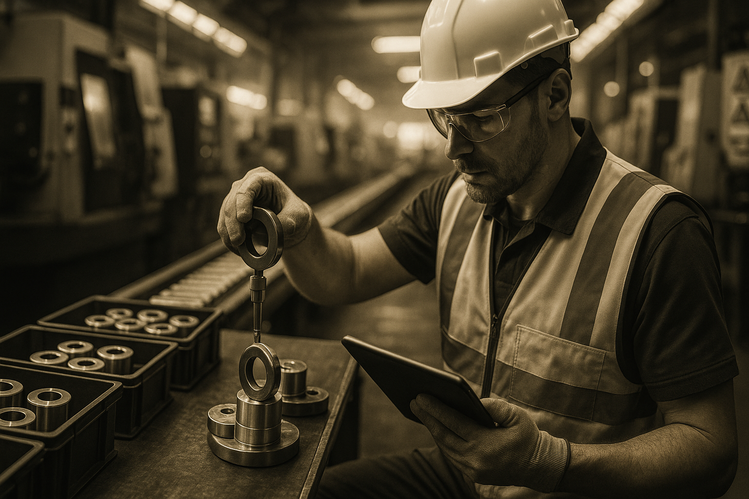 A worker inspecting metal washers at an industrial manufacturing facility, wearing safety gear including a hard hat, safety glasses, gloves, and a reflective vest, while using a tablet device.