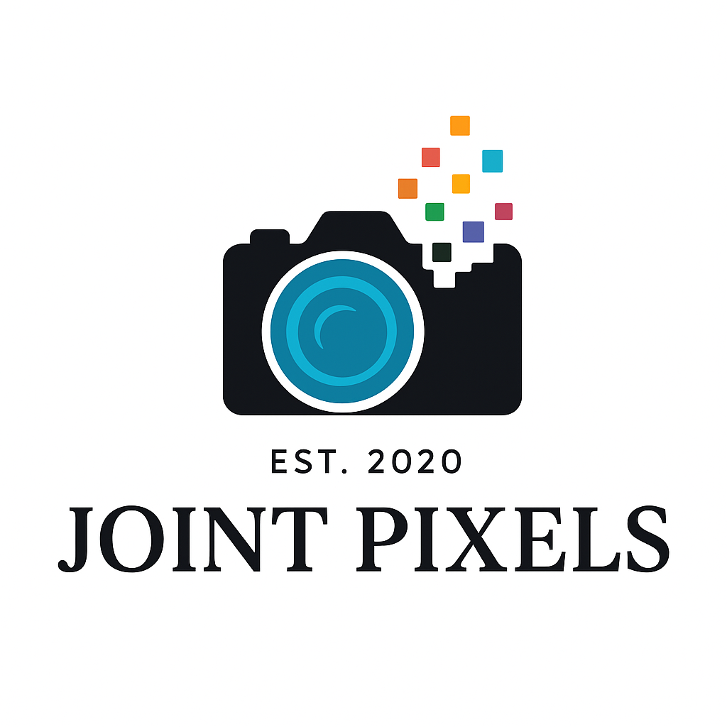 A logo featuring a stylized camera with a pixelated rainbow burst coming from the top right, and text that reads "EST. 2020 JOINT PIXELS".