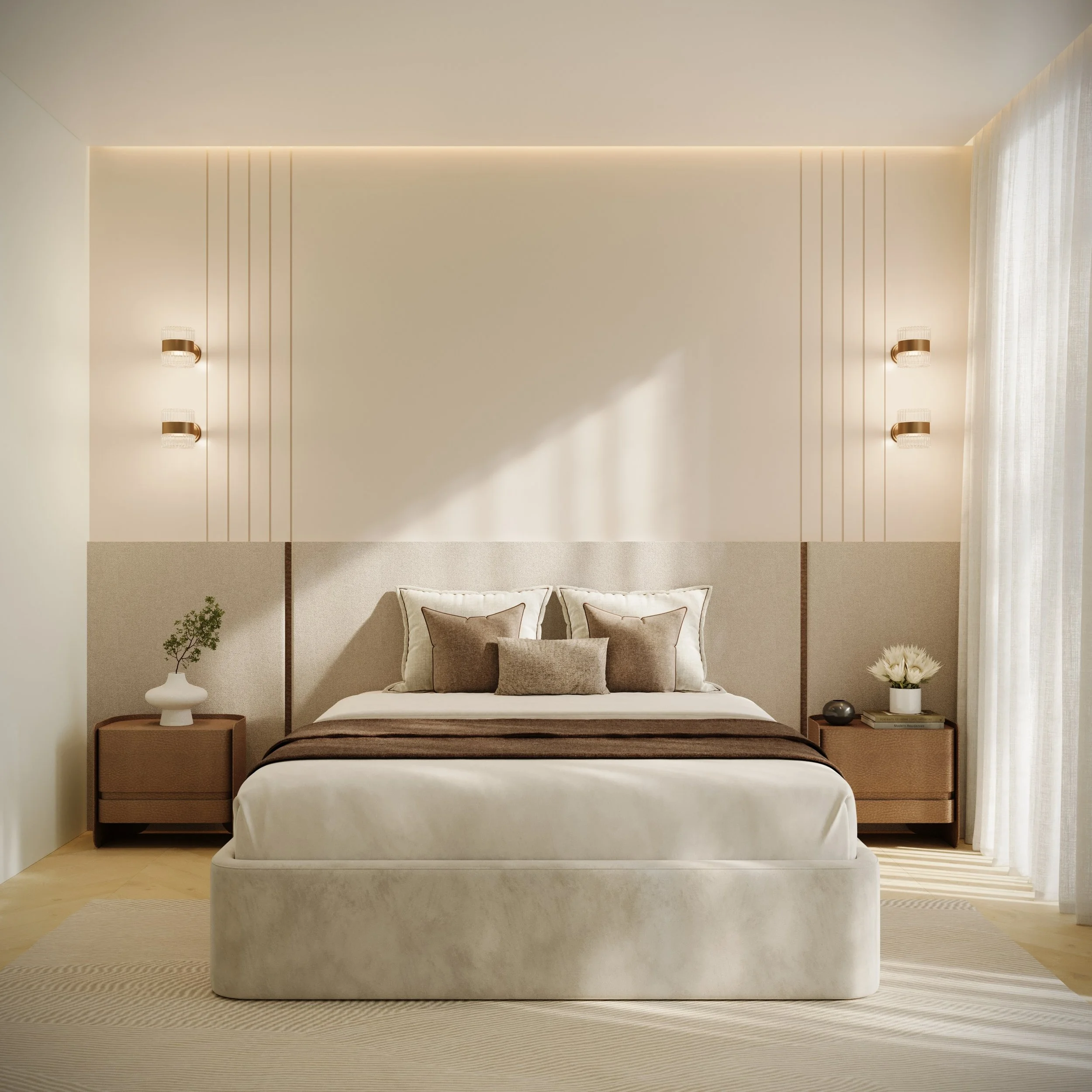 A serene, minimalist bedroom with a neutral palette. A bed with white and beige pillows is flanked by wooden side tables and soft lighting on the walls.