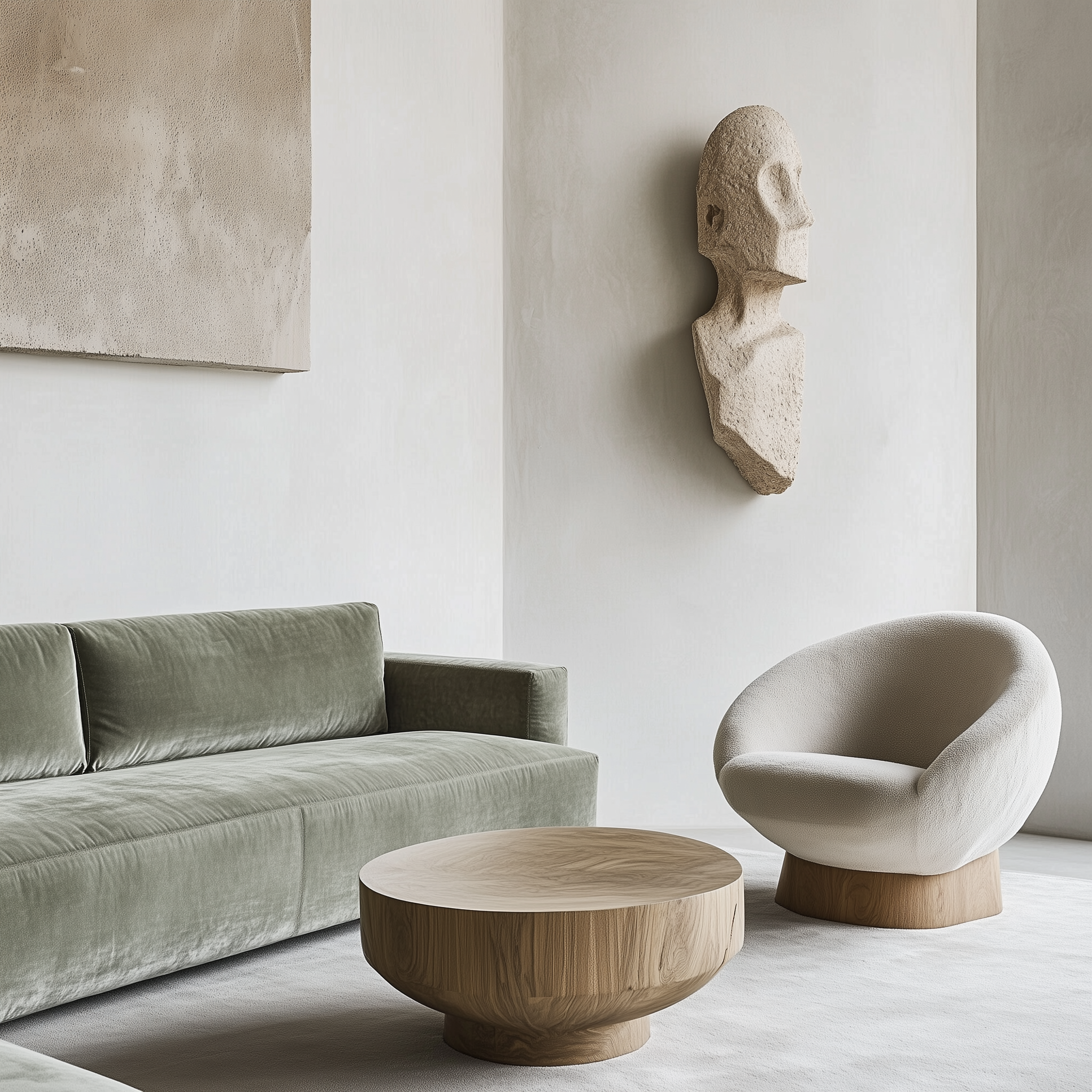 Modern living room with a green velvet sofa, a white rounded armchair on a wooden base, a round wooden coffee table, and beige textured wall art including a wall-mounted sculpture of a human face profile.