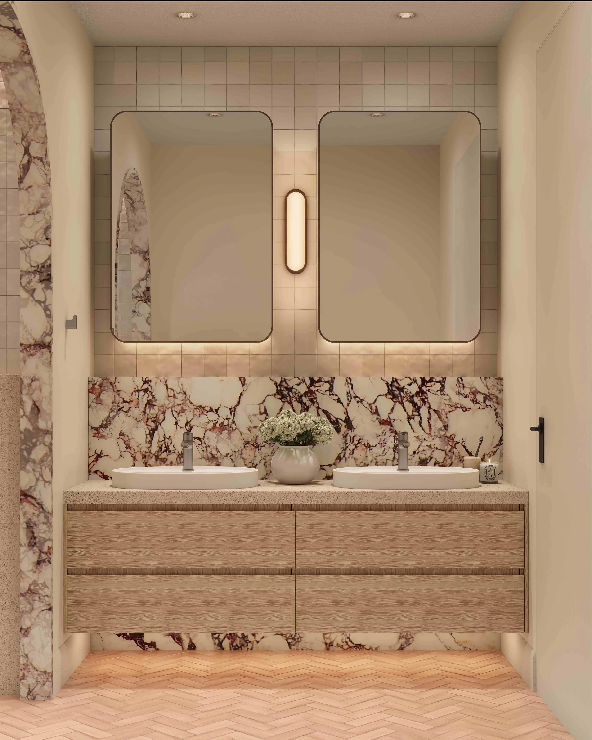 Modern bathroom with dual sinks, marble backsplash, and wooden floating vanity. Two large mirrors and central light create a clean, elegant atmosphere.