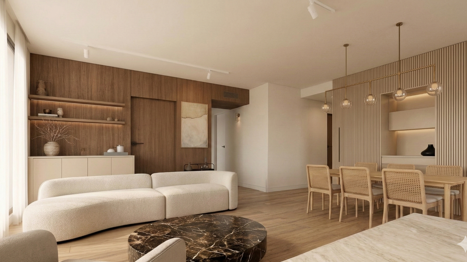 A modern living room and dining area with beige and wood tones. Features a curved sofa, marble coffee table, and wicker chairs under pendant lights. Warm and inviting.