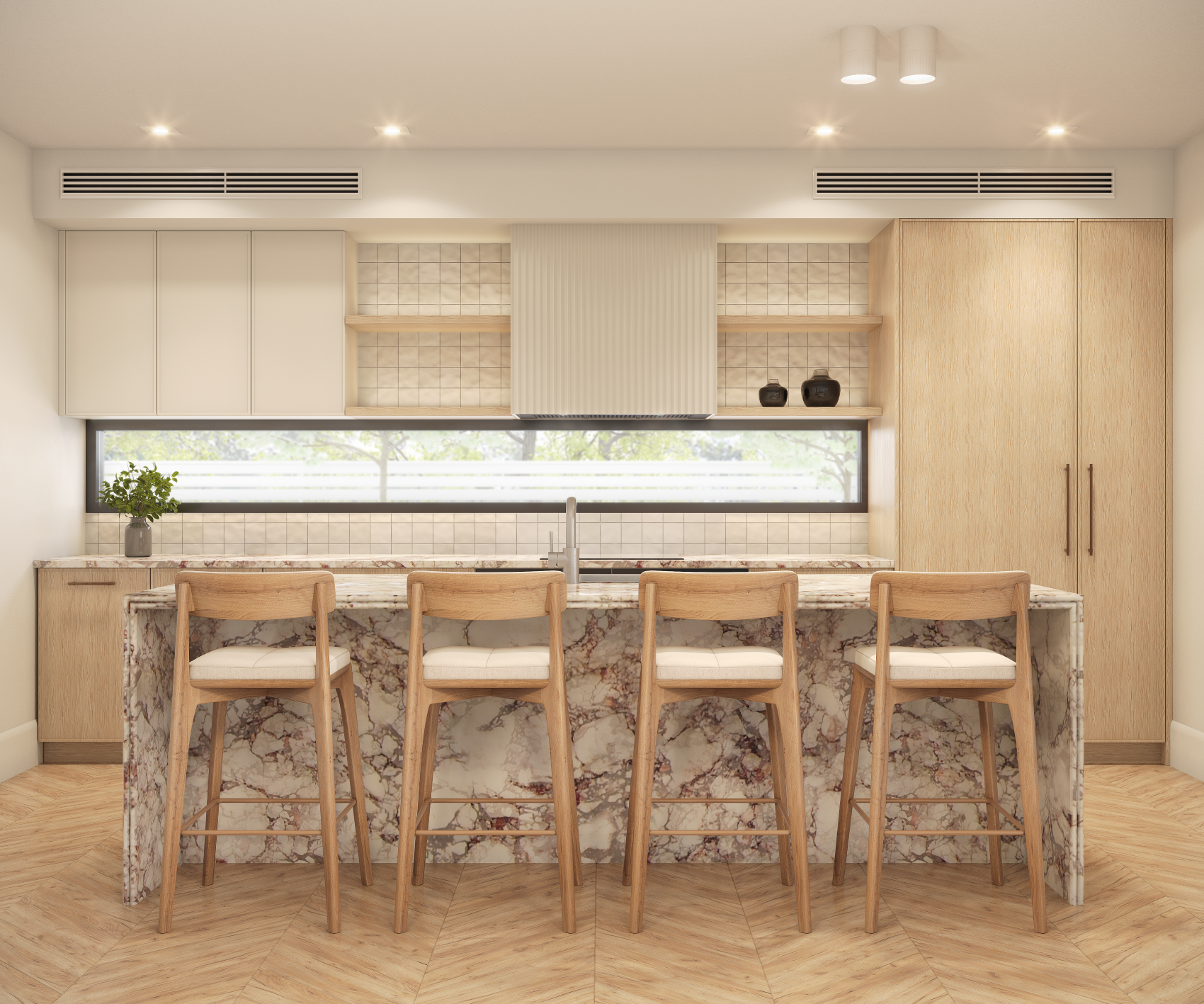 Stylish kitchen with marble island, wooden stools, and light wood accents. White cabinets and a long window create a bright, modern feel.
