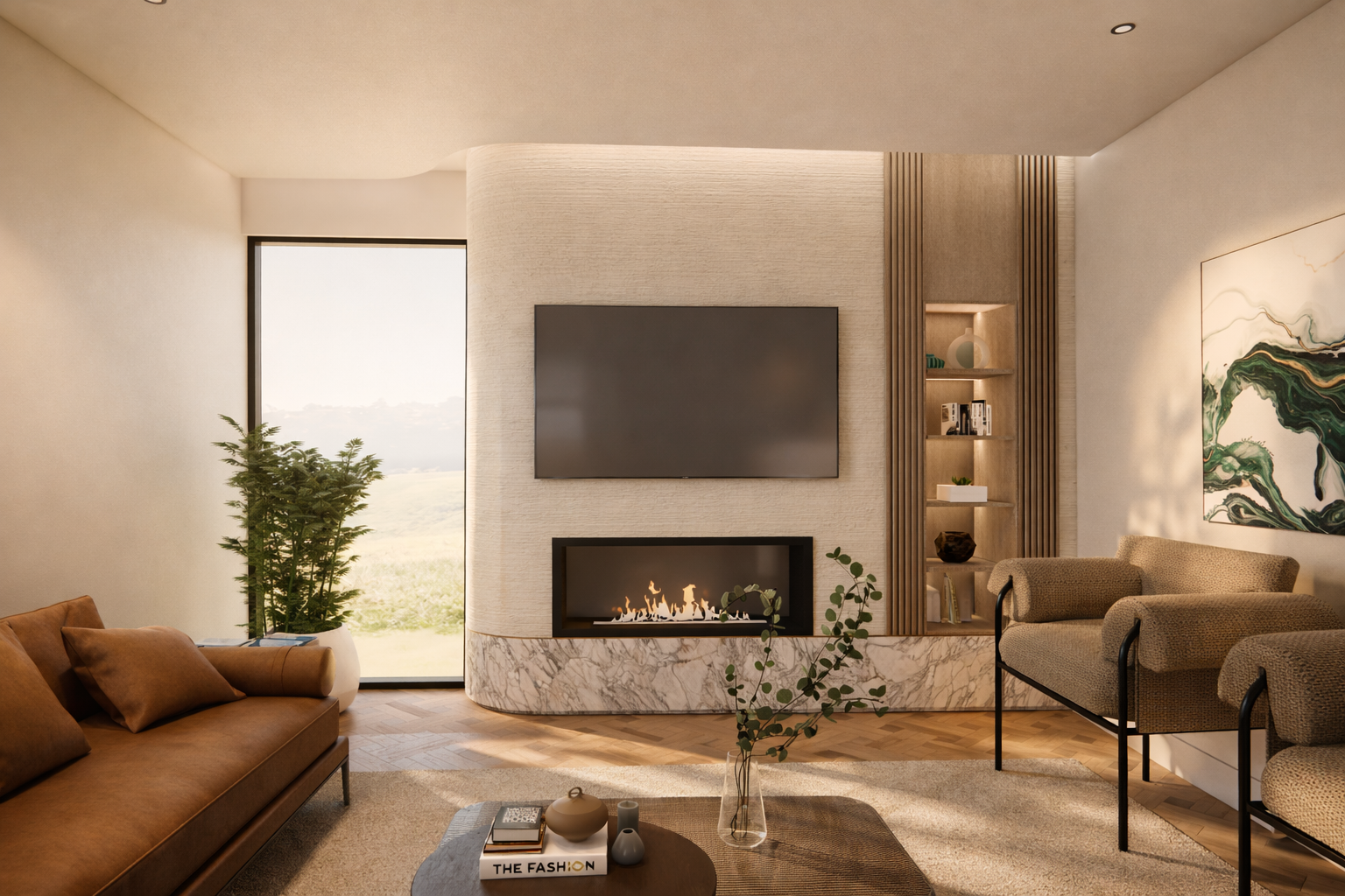 Modern living room with a large window, a wall-mounted TV, a fireplace, a brown sofa, beige armchairs, a coffee table with decor, and a built-in wooden shelf with decorative items.