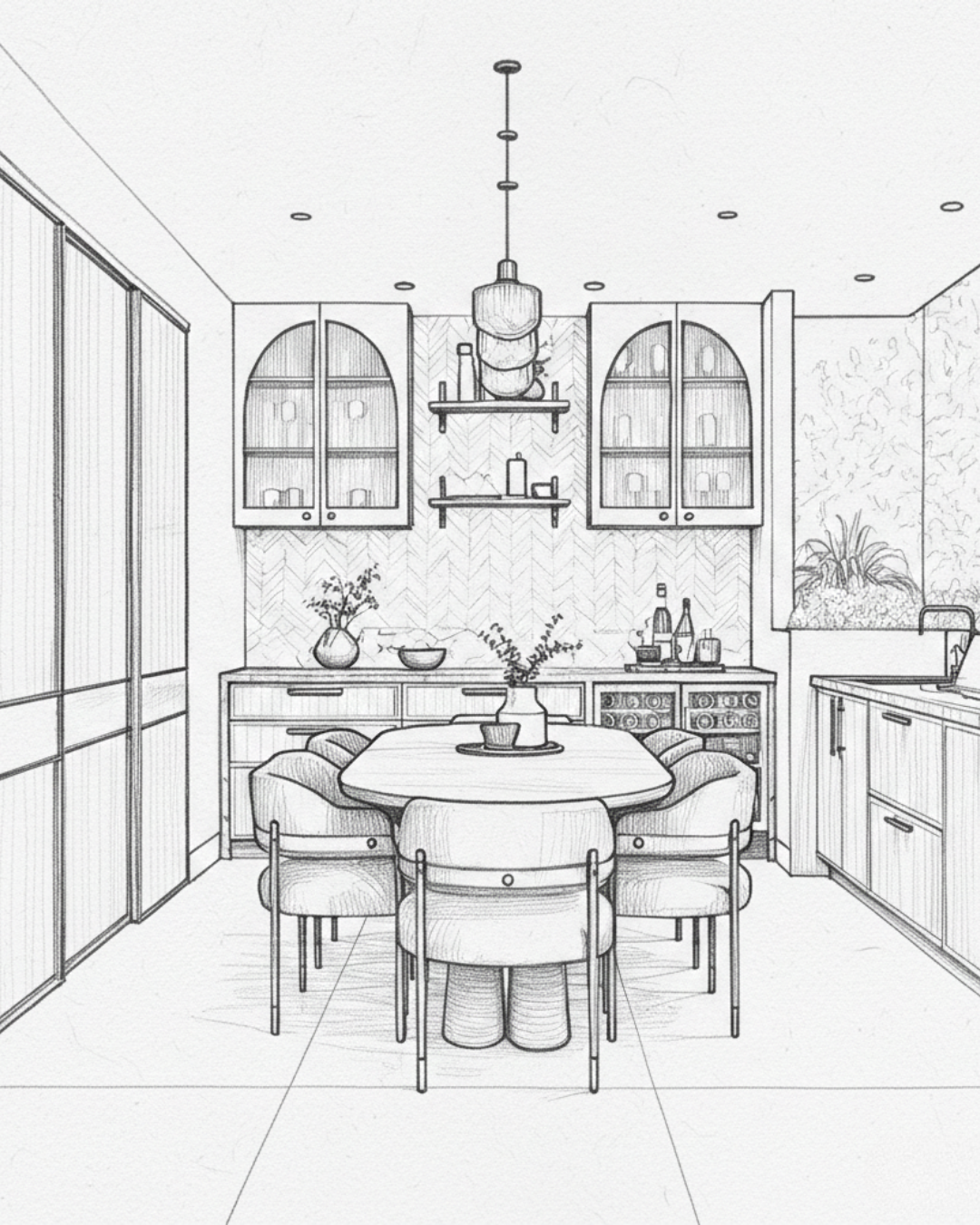 Stylized black and white drawing of a modern kitchen and dining area. Features a round table, six chairs, herringbone backsplash, and hanging light.