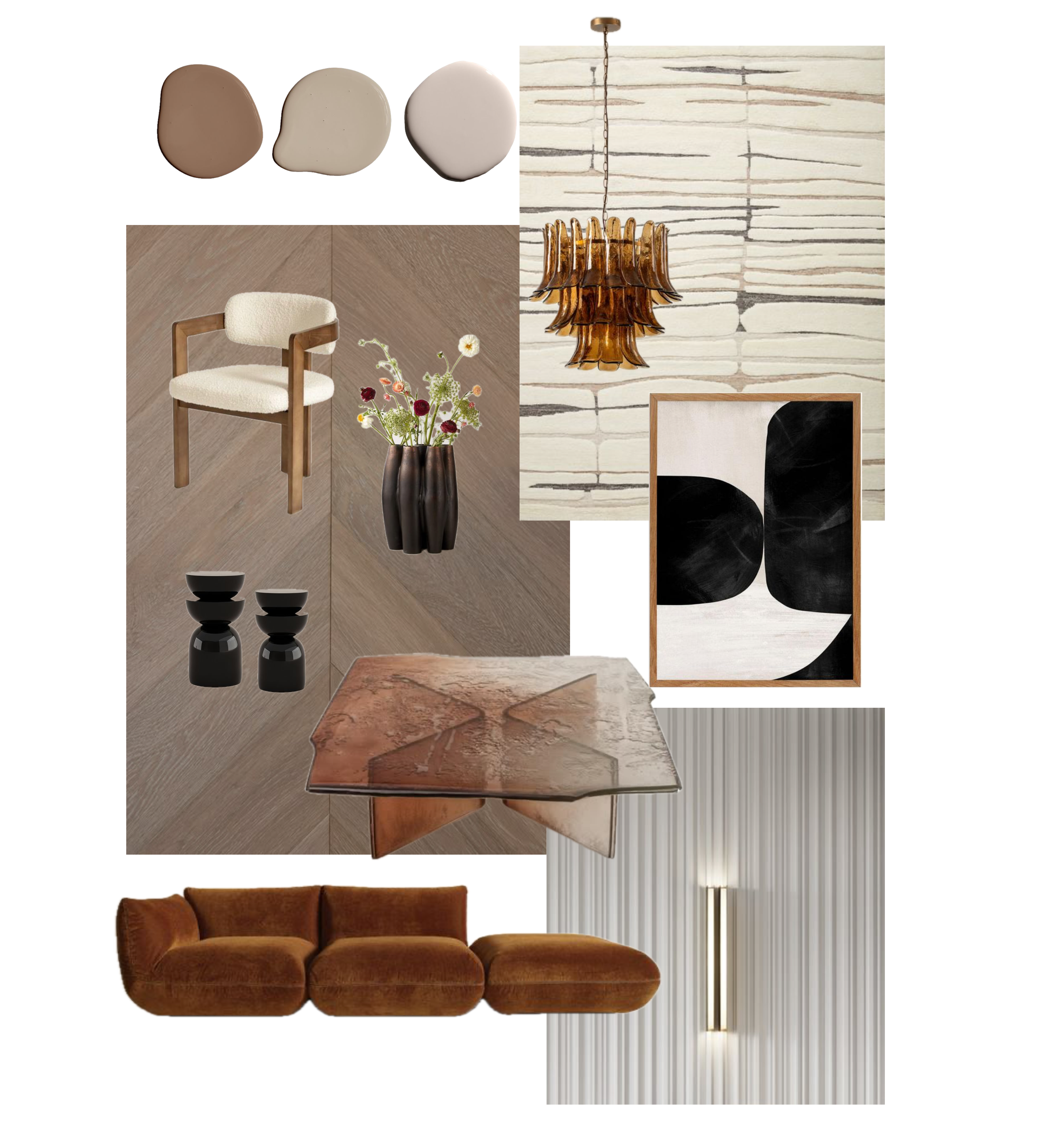 Collage of neutral-toned interior decor elements: a textured rug, modern pendant light, abstract art, plush brown sofa, and wooden chair.