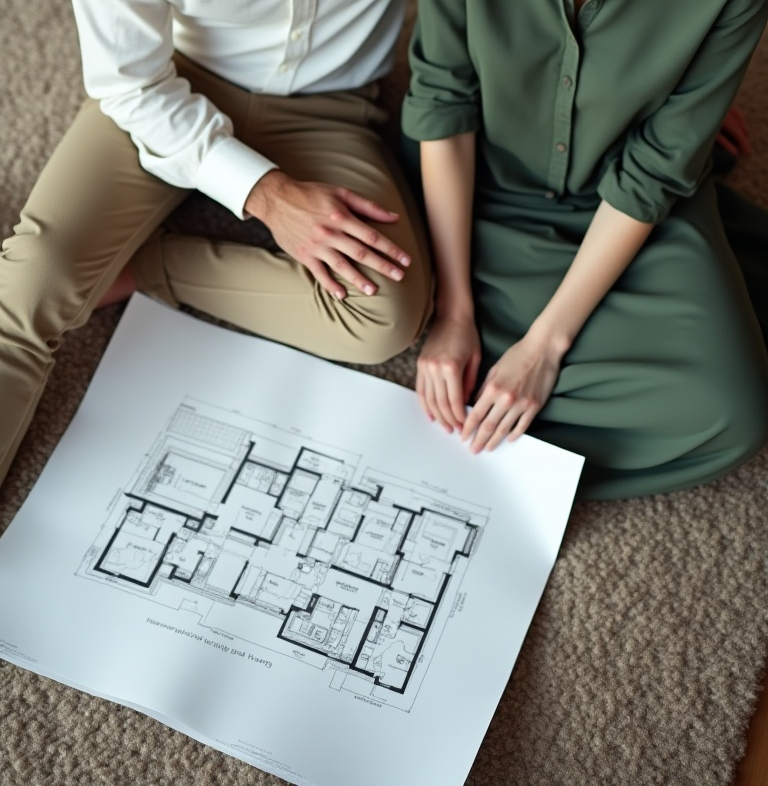Two people sitting on the carpeted floor looking at a large architectural floor plan in front of them.