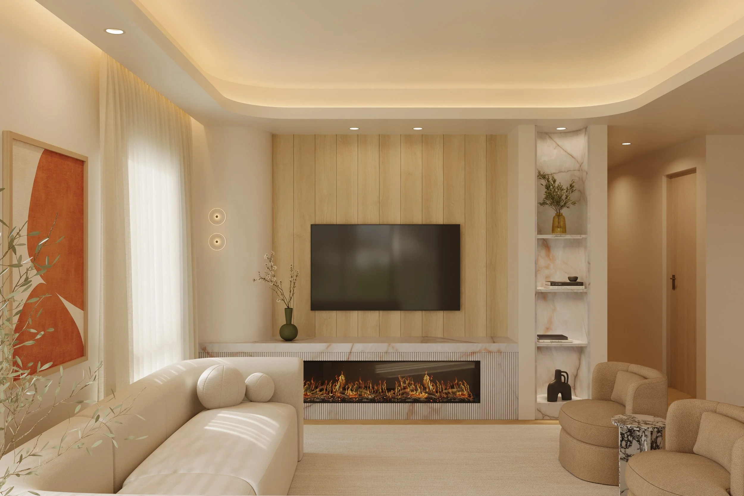 Modern living room with a wall-mounted TV, sleek fireplace, and minimalist shelves. Warm tones, sunlight through a window, and a cozy ambiance.