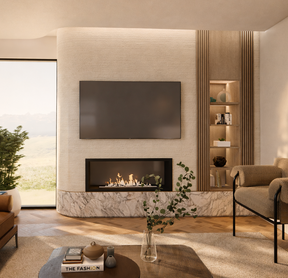 Modern living room with a wall-mounted TV, sleek fireplace, and minimalist shelves. Warm tones, sunlight through a window, and a cozy ambiance.
