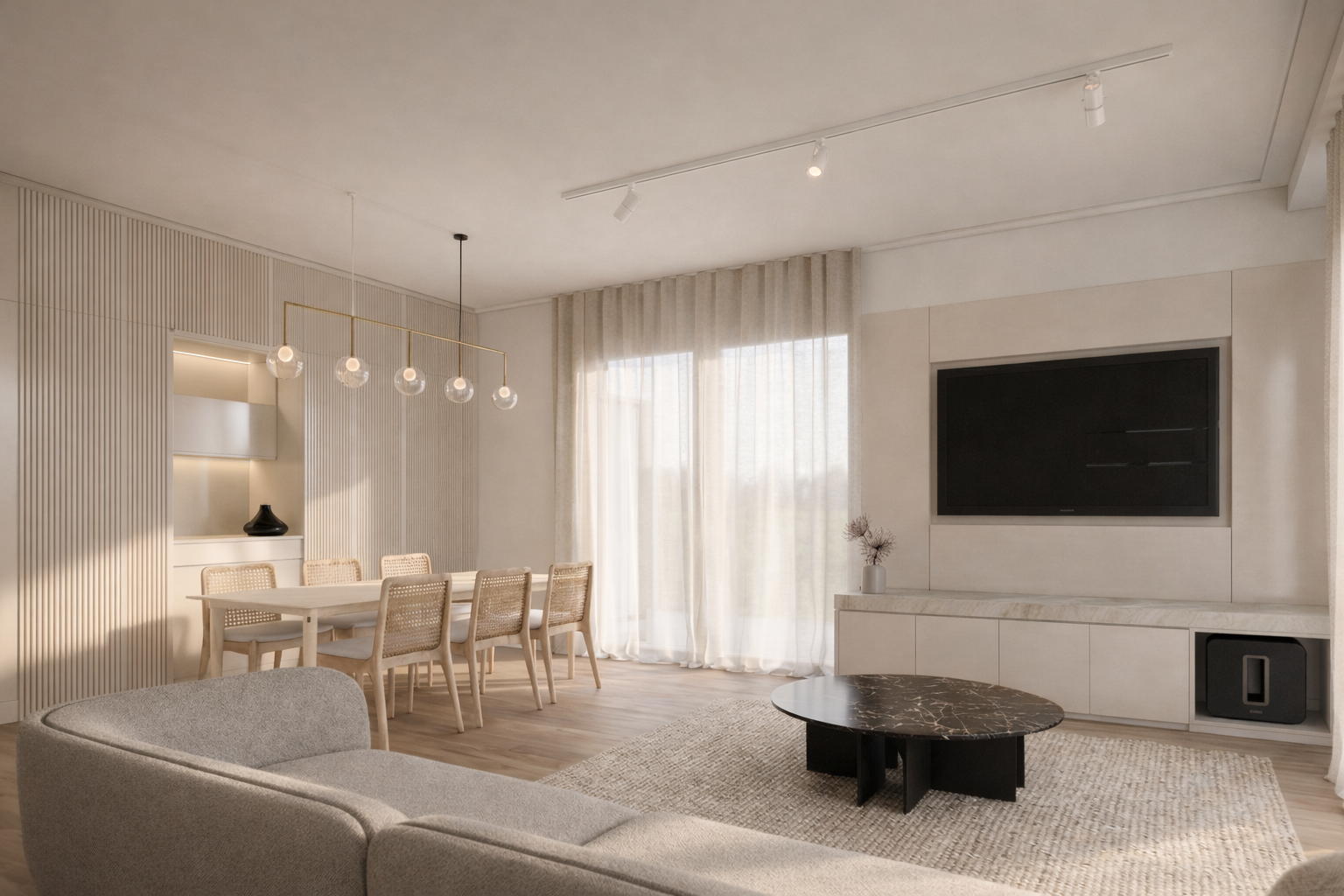 Modern living room with a light gray sofa, marble coffee table, dining area with six woven chairs, pendant lights, and large windows with sheer curtains.