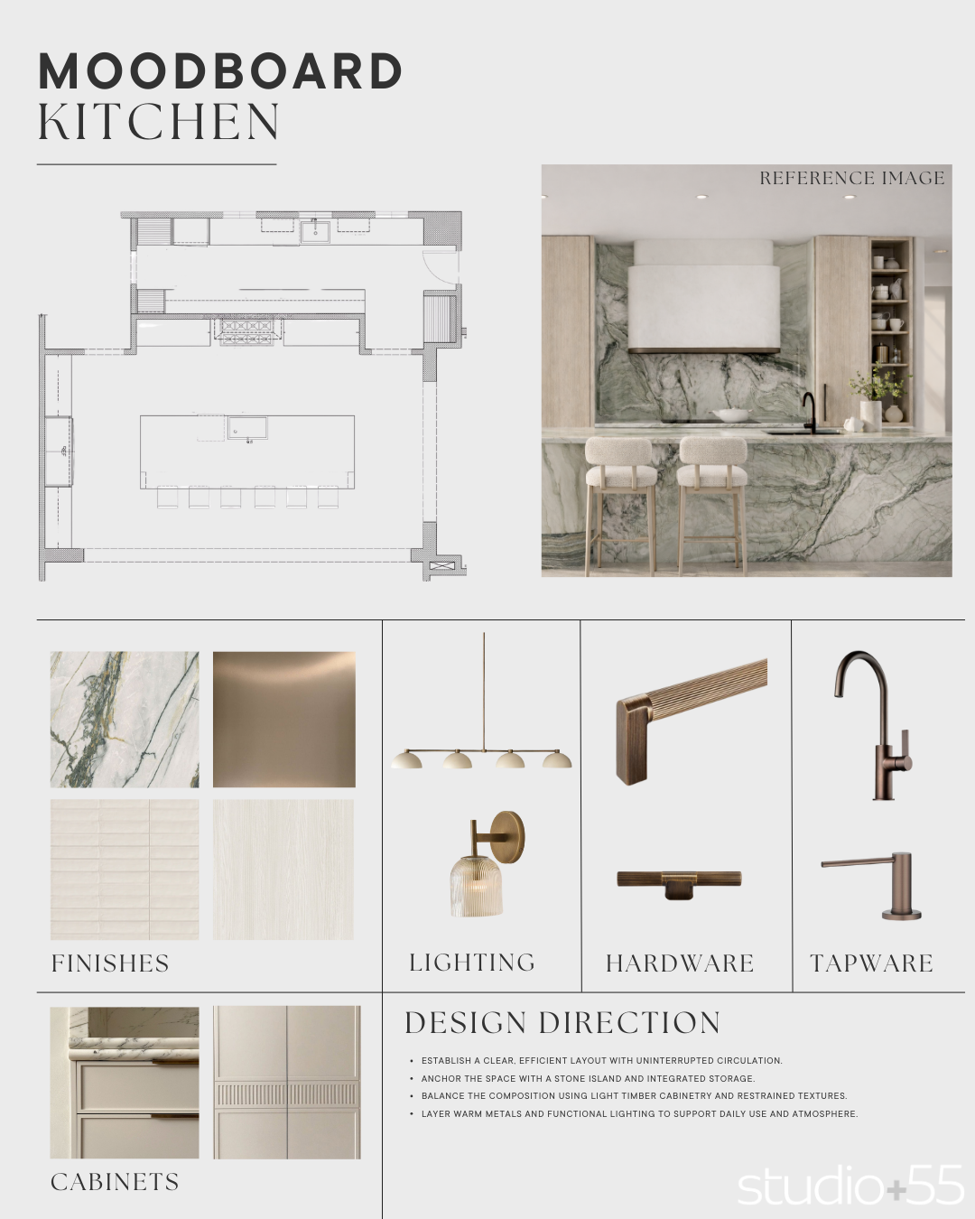 Modern living room with a minimalist design featuring a wall-mounted TV above a sleek marble fireplace. Shelving with decor and a cozy chair add warmth.