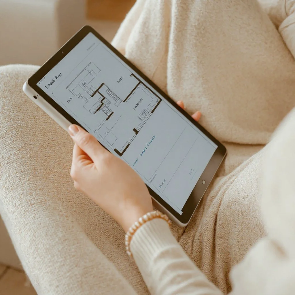 A person wearing a cozy cream sweater holds a tablet displaying a floor plan, sitting comfortably on a beige couch, conveying a relaxed and focused mood.