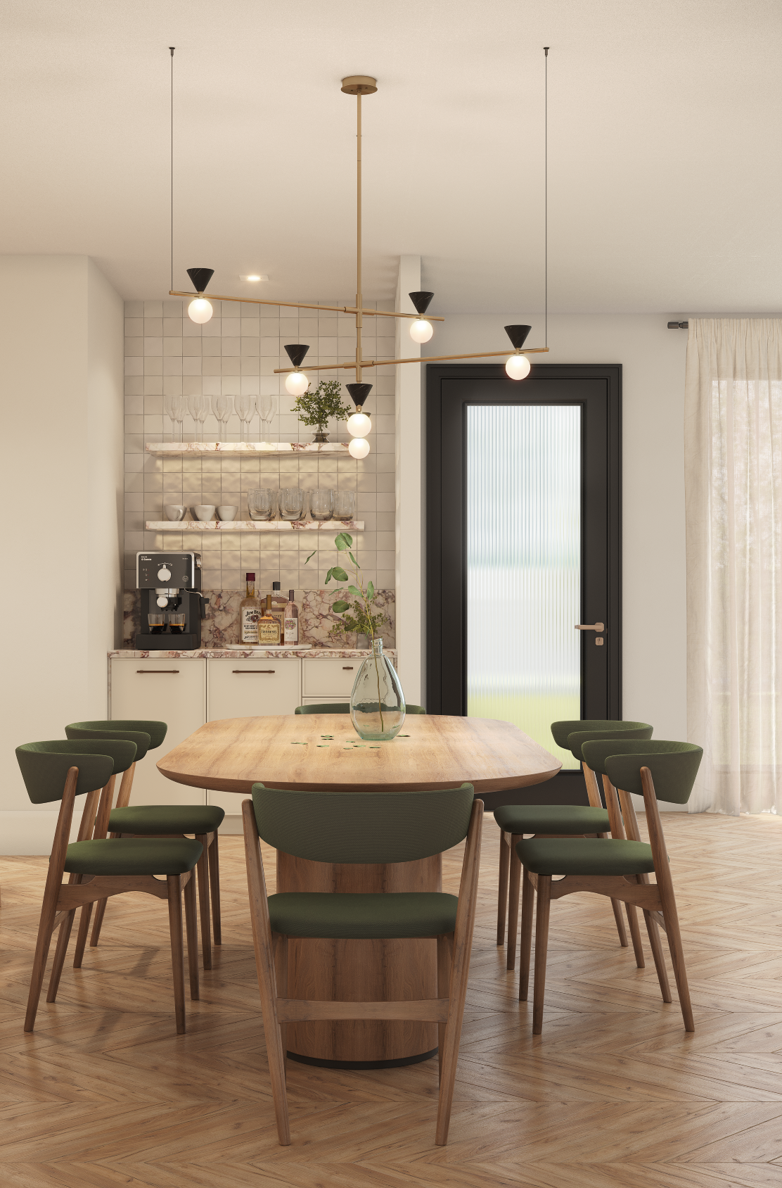 Modern dining room with a wooden table and six green-cushioned chairs. A stylish chandelier hangs above, and a bar setup is visible in the background.