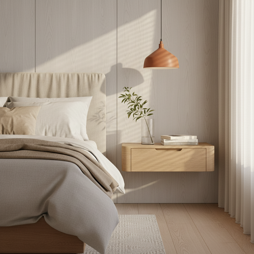 Serene bedroom with neutral tones, featuring a cozy bed with layered bedding, a wooden floating nightstand, pendant lamp, and a vase with greenery.
