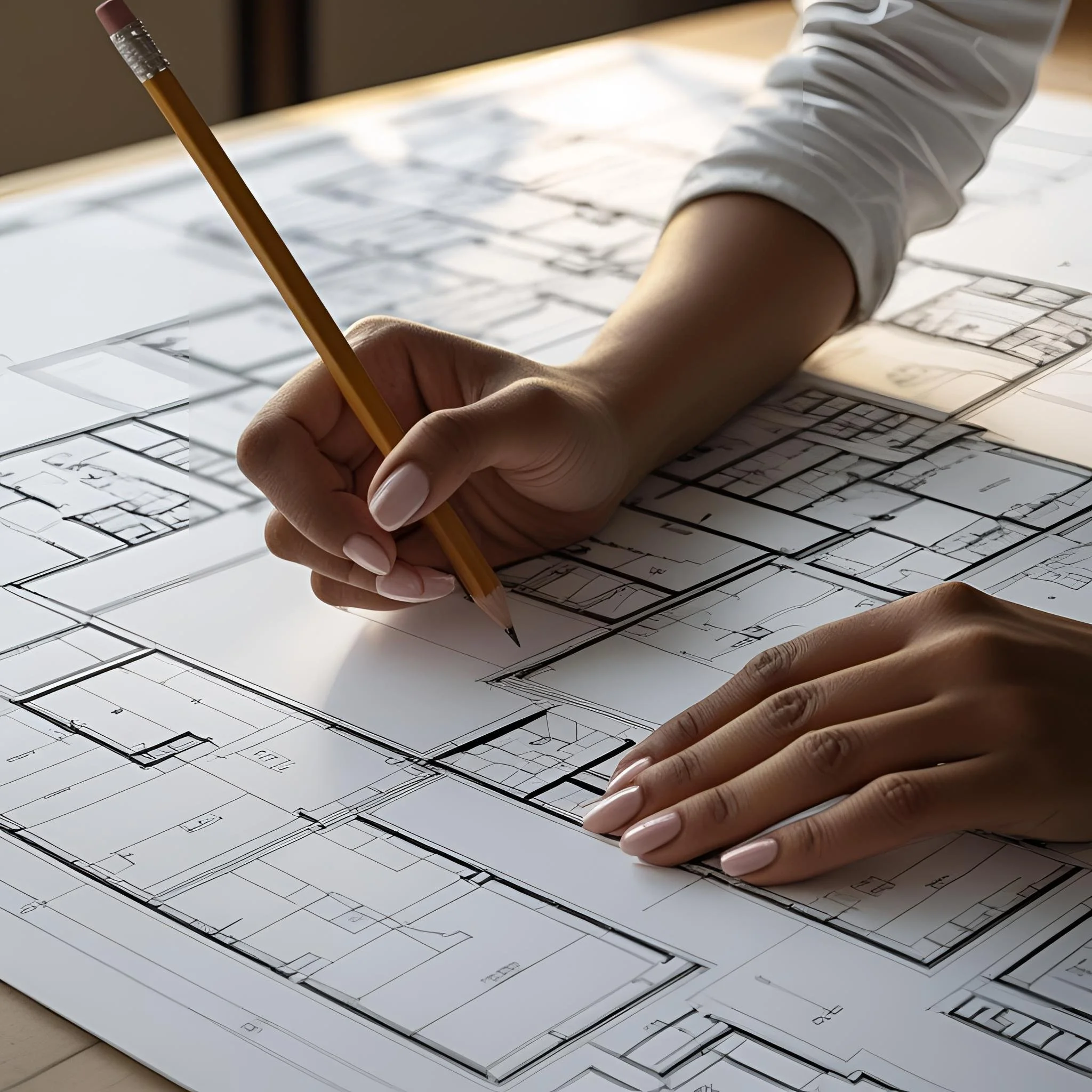 Person drawing building floor plans with a pencil on blueprints and architectural sketches.