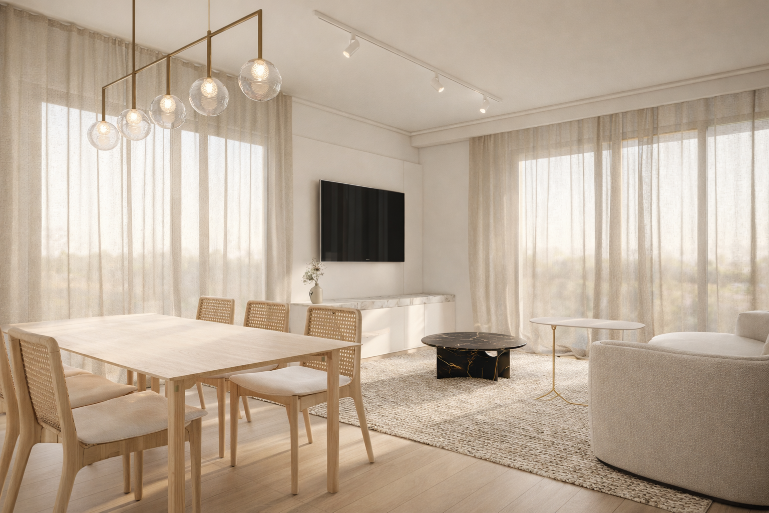 Modern living room with beige tones, featuring a wooden dining table, a round sofa, and a wall-mounted TV. Large windows with sheer curtains enhance light.