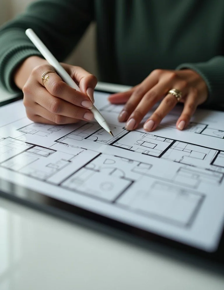 Person drawing floor plans with a white pen on architectural blueprints.
