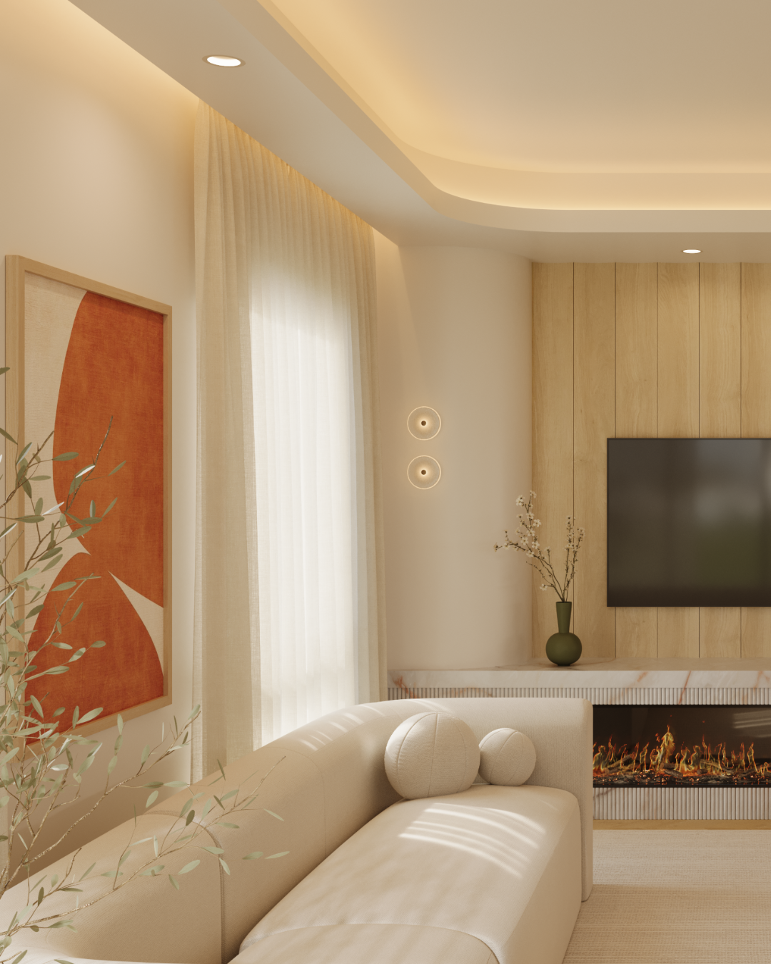 Modern living room with beige tones, featuring a plush sofa, large abstract art, and a minimalistic fireplace under a mounted TV. Soft, serene ambiance.