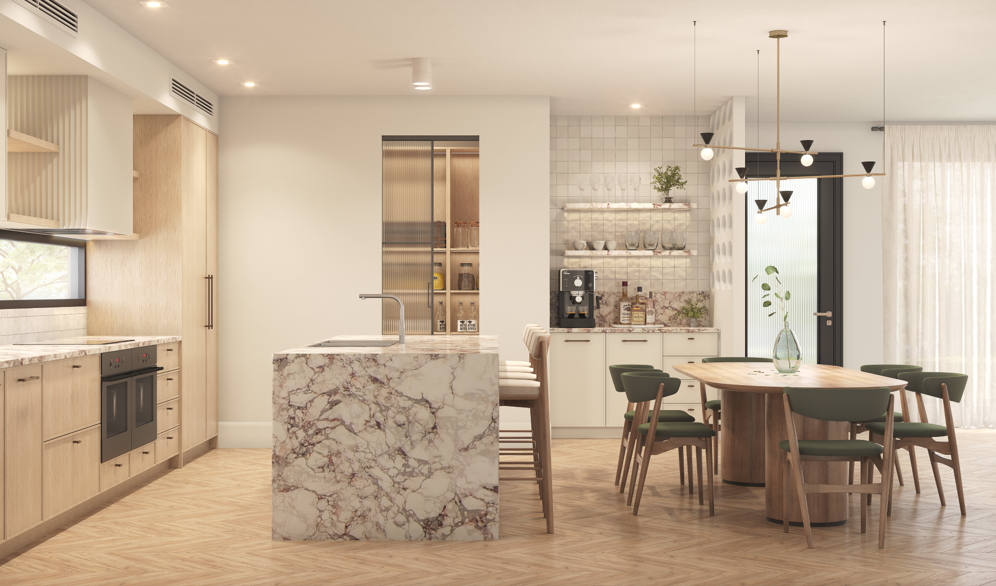 A modern kitchen and dining area with a marble island, light wood cabinets, and green chairs around a wooden table. The room feels airy and bright.