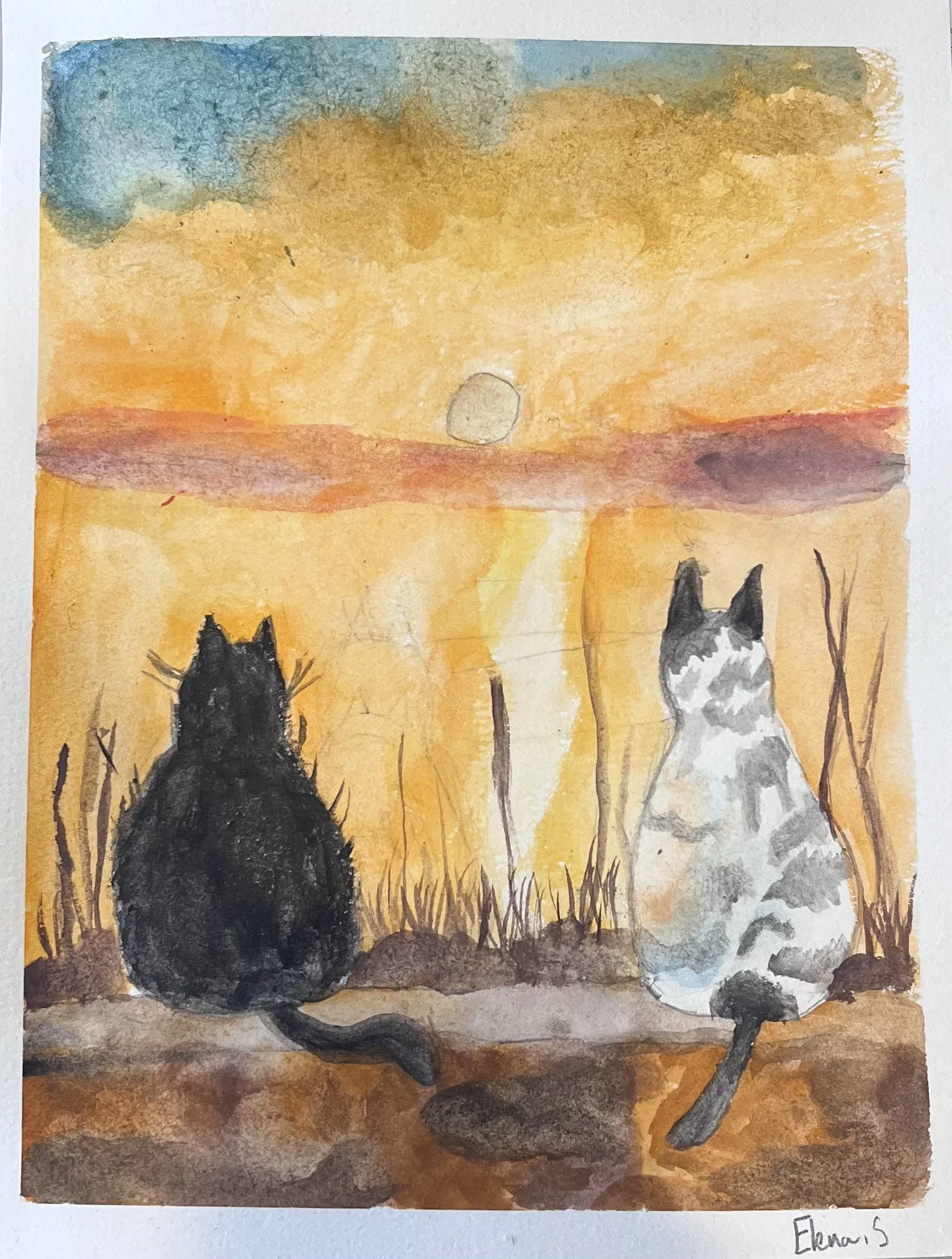 Two cats drawing viewing moon - Art with Isha