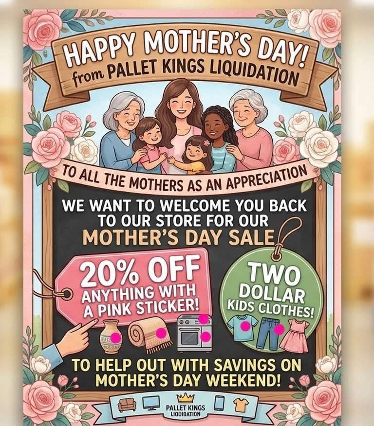 💐 Mother&rsquo;s Day Pink Sticker Sale 💕
Anything with a PINK sticker = 20% OFF 🔥

Find the perfect gift for Mom (and maybe yourself 😉) without paying retail!

📍 Pallet Kings Liquidators &ndash; 2052 NY-112, Medford, NY
🕒 Open Daily 11AM&ndash;