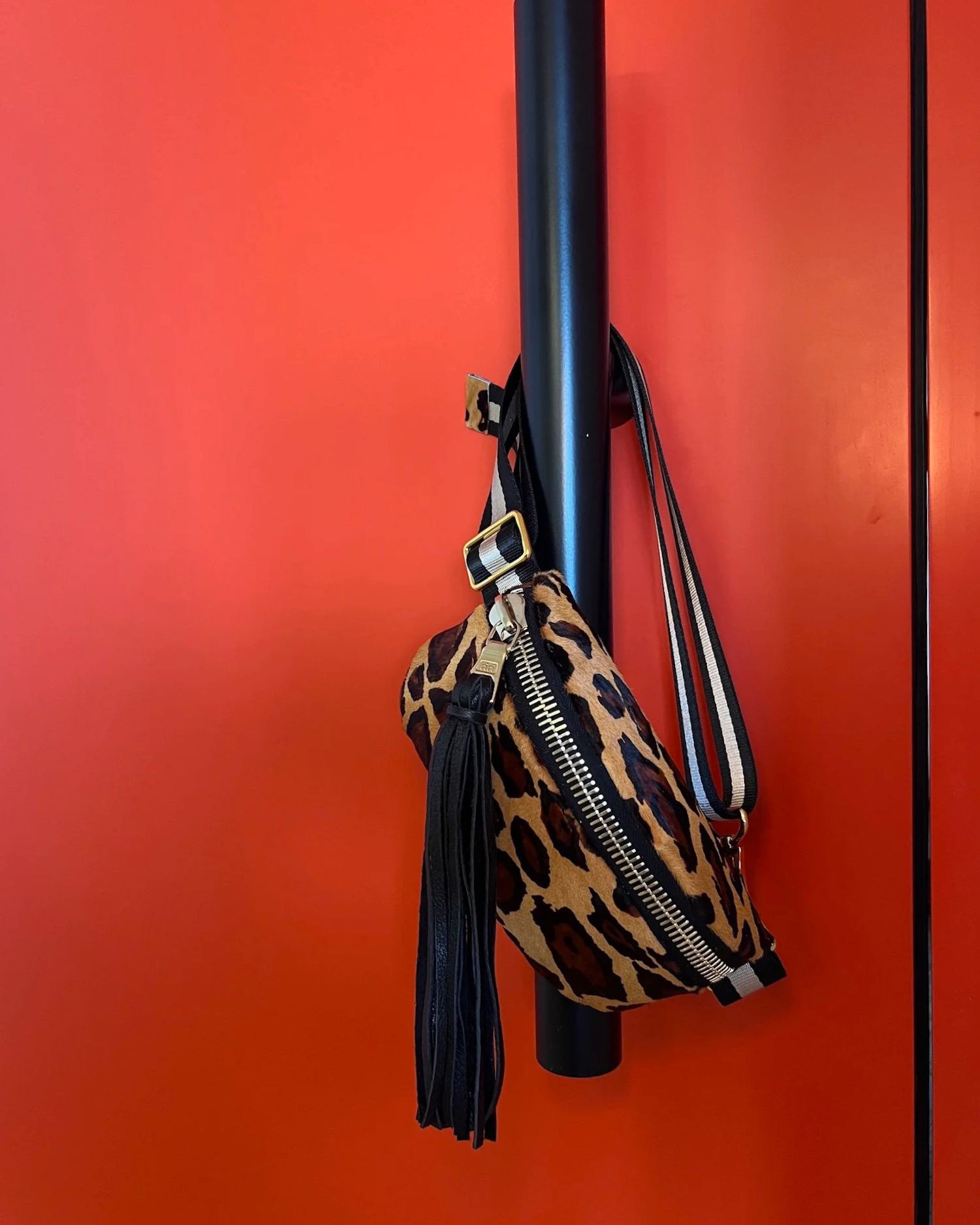 Leopard-print leather handbag with fringe accents and a striped shoulder strap.