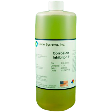 Botella de producto químico de color verde claro con etiqueta que dice 'Corrosion Inhibitor 7' de Circle Systems, Inc.