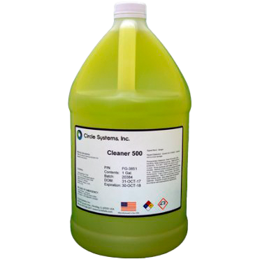Envase grande de líquido verde con etiqueta que dice Cleaner 500
